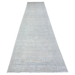3'8 "x15' Gris, Lavado Blanco Peshawar, Lana, Anudado a Mano,  Alfombra de calle XL