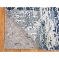 3'8"x17'2" Hand Knotted Denim Blue Abstract Design Wool and Real Silk Runner Rug