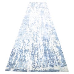 3'8"x17'2" Hand Knotted Denim Blue Abstract Design Wool and Real Silk Runner Rug