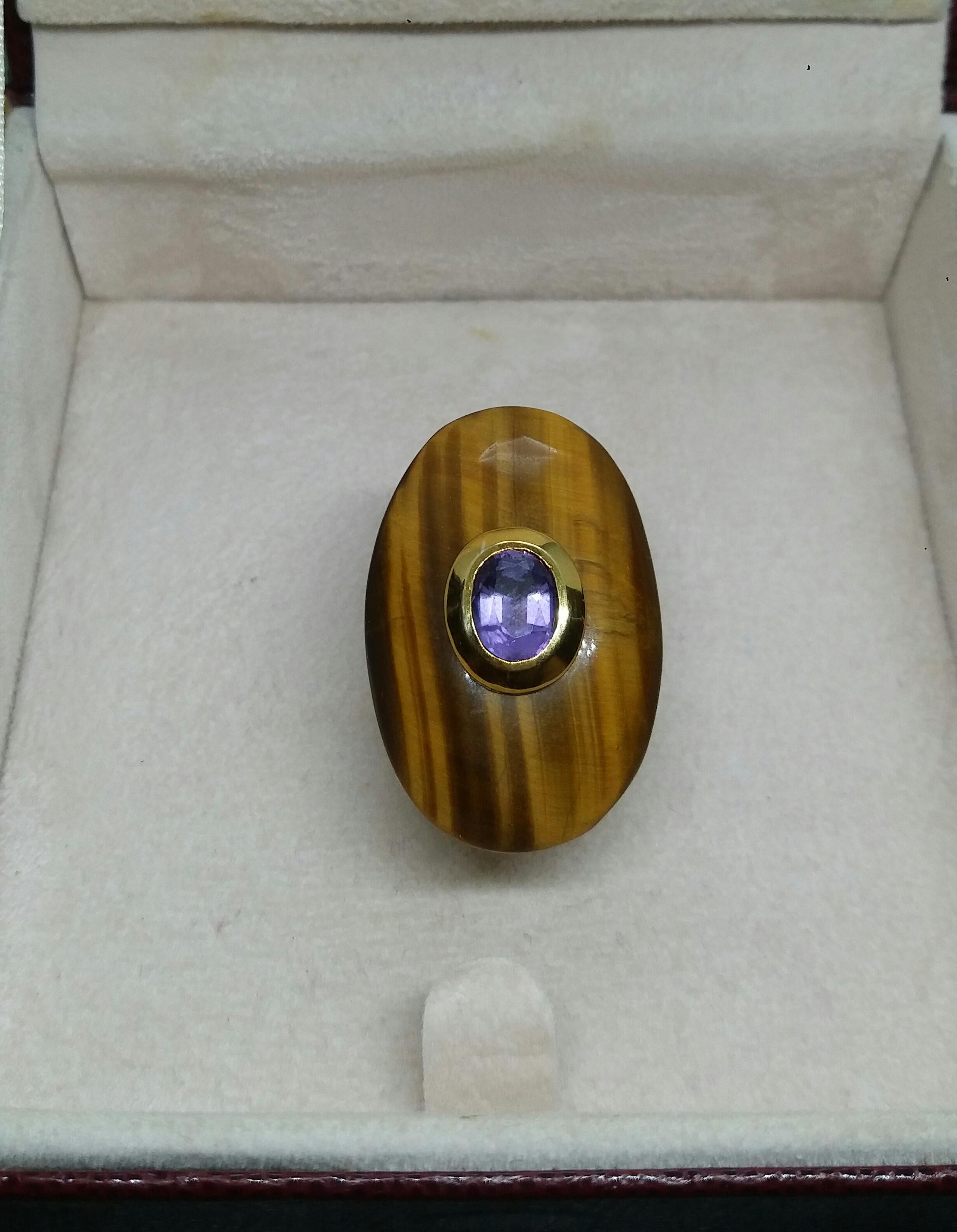 Oval Shape Tiger Eye Faceted Oval Amethyst 14 Kt Gold Cocktail Ring 8