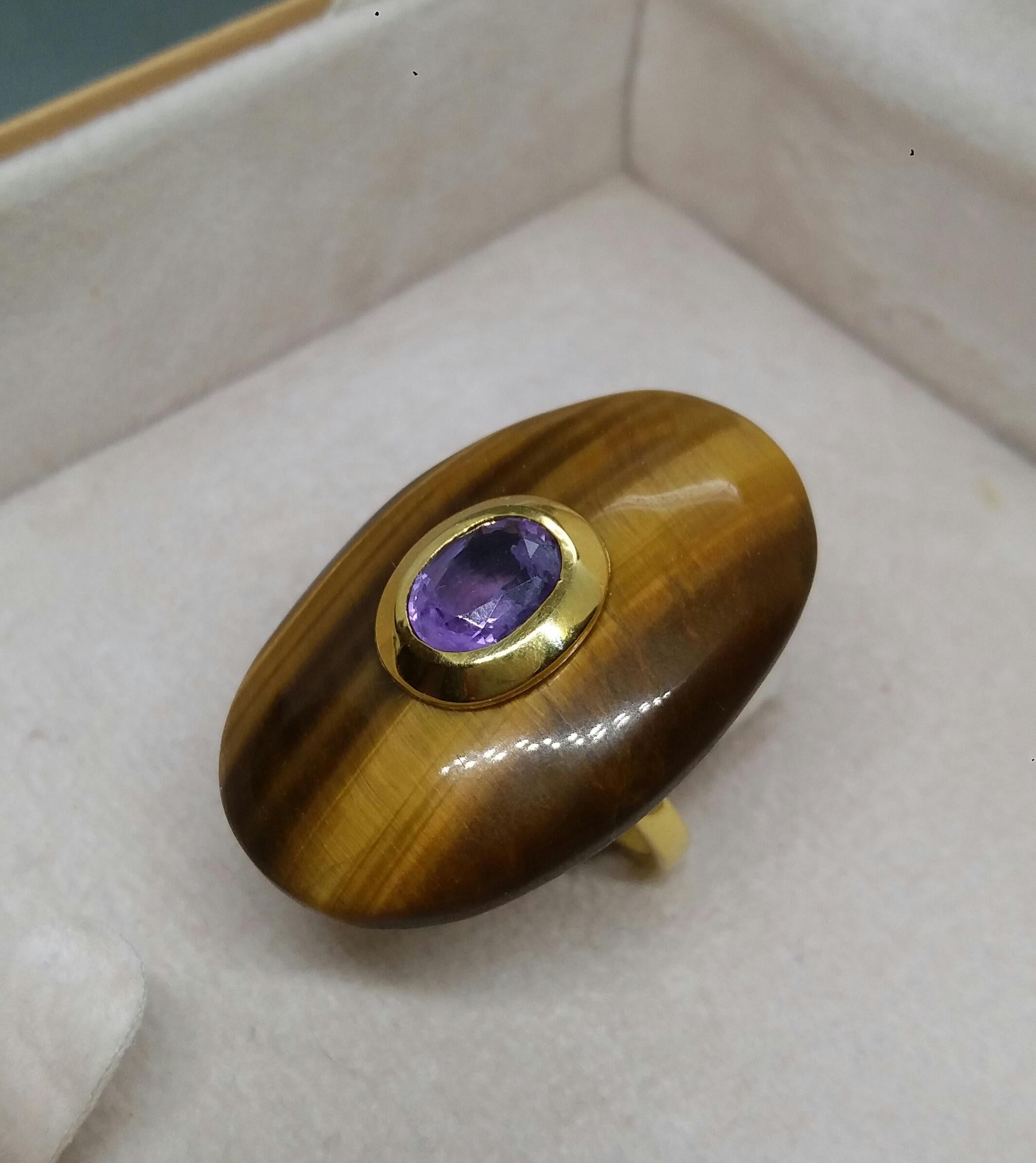 Oval Shape Tiger Eye Faceted Oval Amethyst 14 Kt Gold Cocktail Ring 9