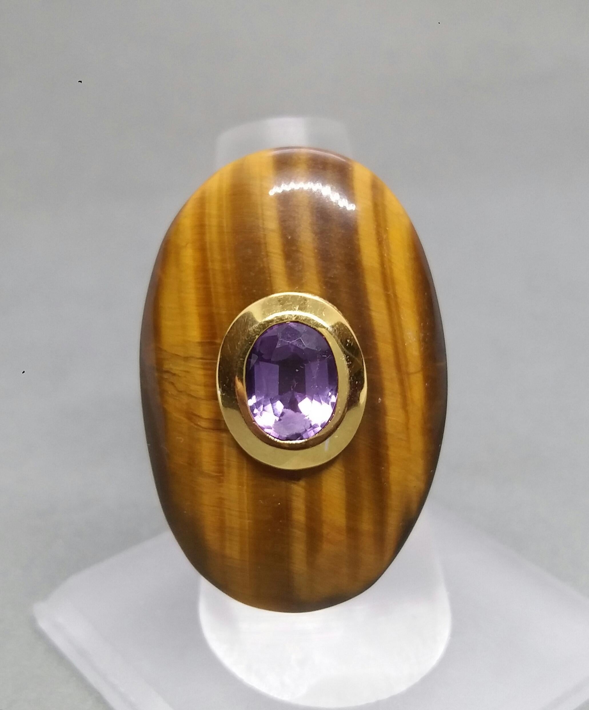 Contemporary Oval Shape Tiger Eye Faceted Oval Amethyst 14 Kt Gold Cocktail Ring