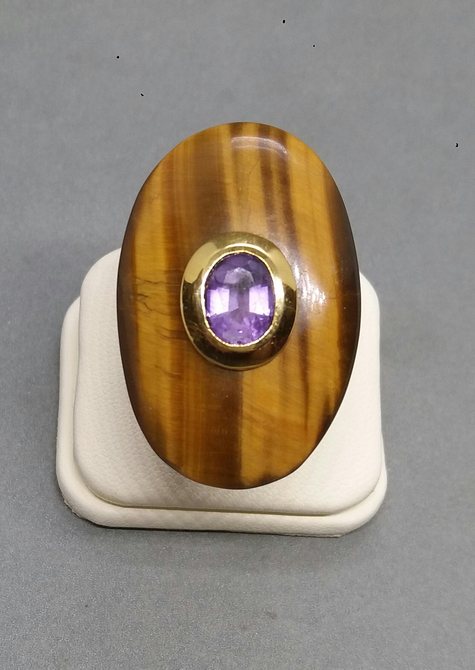 Oval Cut Oval Shape Tiger Eye Faceted Oval Amethyst 14 Kt Gold Cocktail Ring