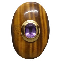 Retro Oval Shape Tiger Eye Faceted Oval Amethyst 14 Kt Gold Cocktail Ring