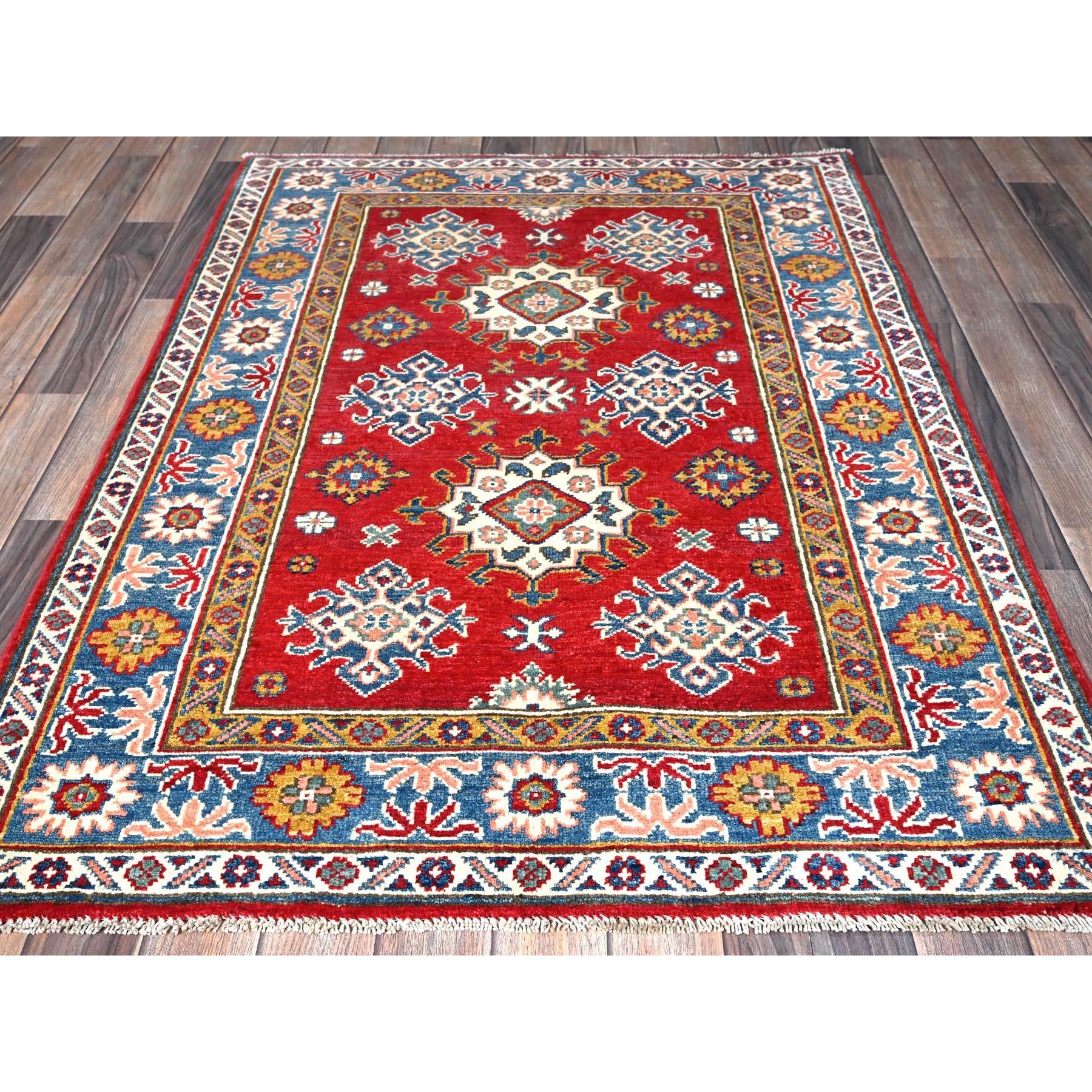 Crimson Red, Kazak with All Over Tribal Motifs, Hand Knotted, Vegetable Dyes, Denser Weave, Pure Wool, Oriental Rug
Primary materials: Wool
Latex: No Pile 
height: 0.25 Inches
Style: Traditional
Primary color: Red
Secondary colors: Yellow, Peach,