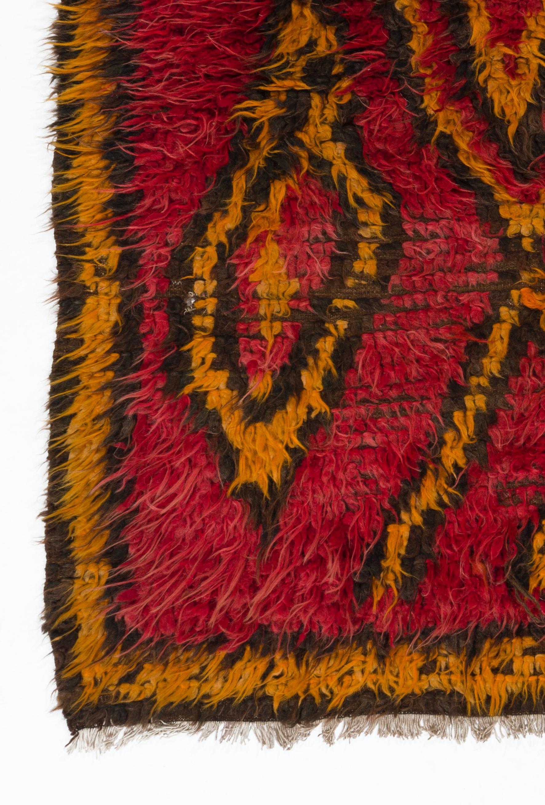 Hand-Knotted 3.8x5.5 Ft Funky One-of-a-Kind Vintage Tulu Rug in Red, Orange, Brown, 100% Wool For Sale