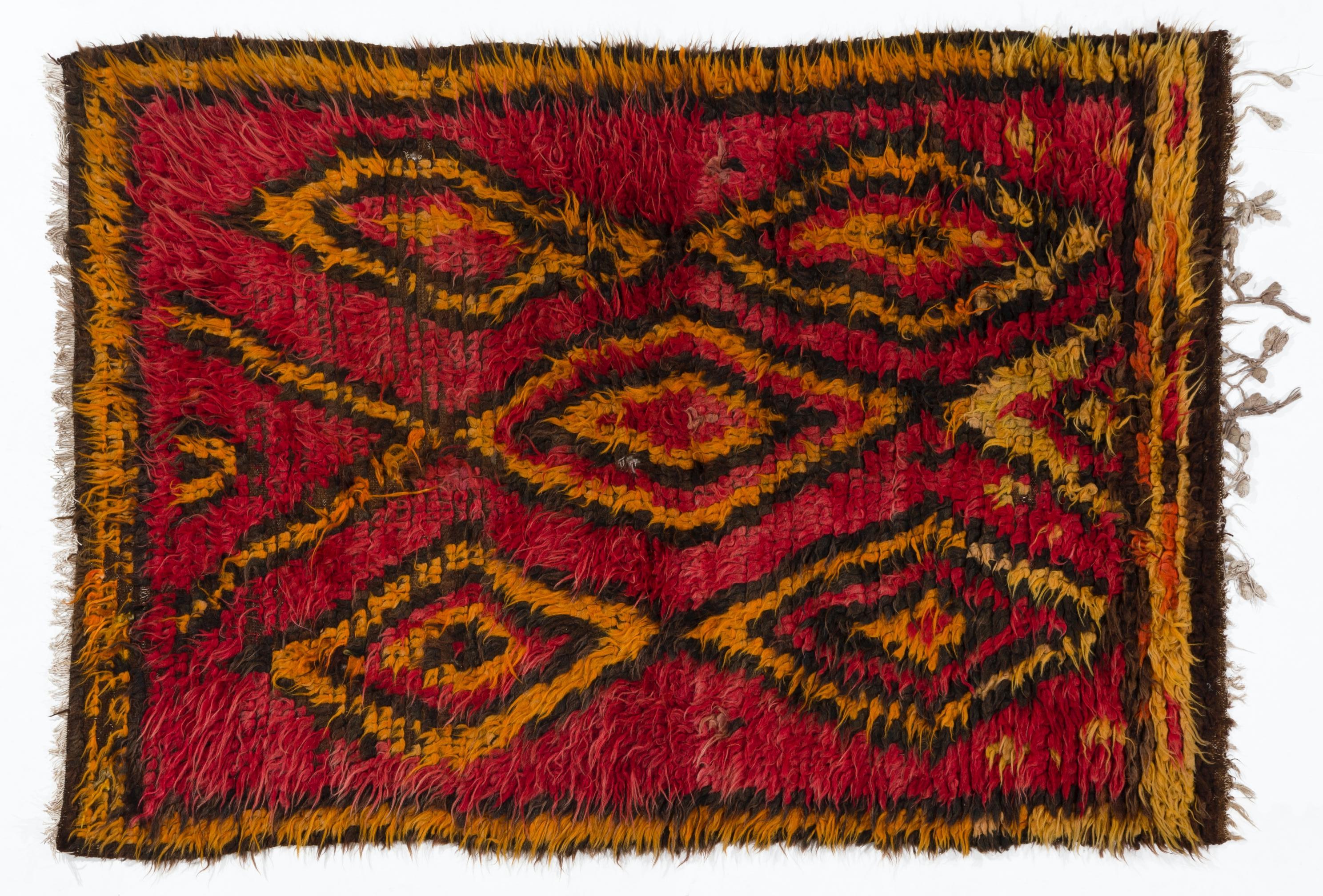 Mid-20th Century 3.8x5.5 Ft Funky One-of-a-Kind Vintage Tulu Rug in Red, Orange, Brown, 100% Wool For Sale