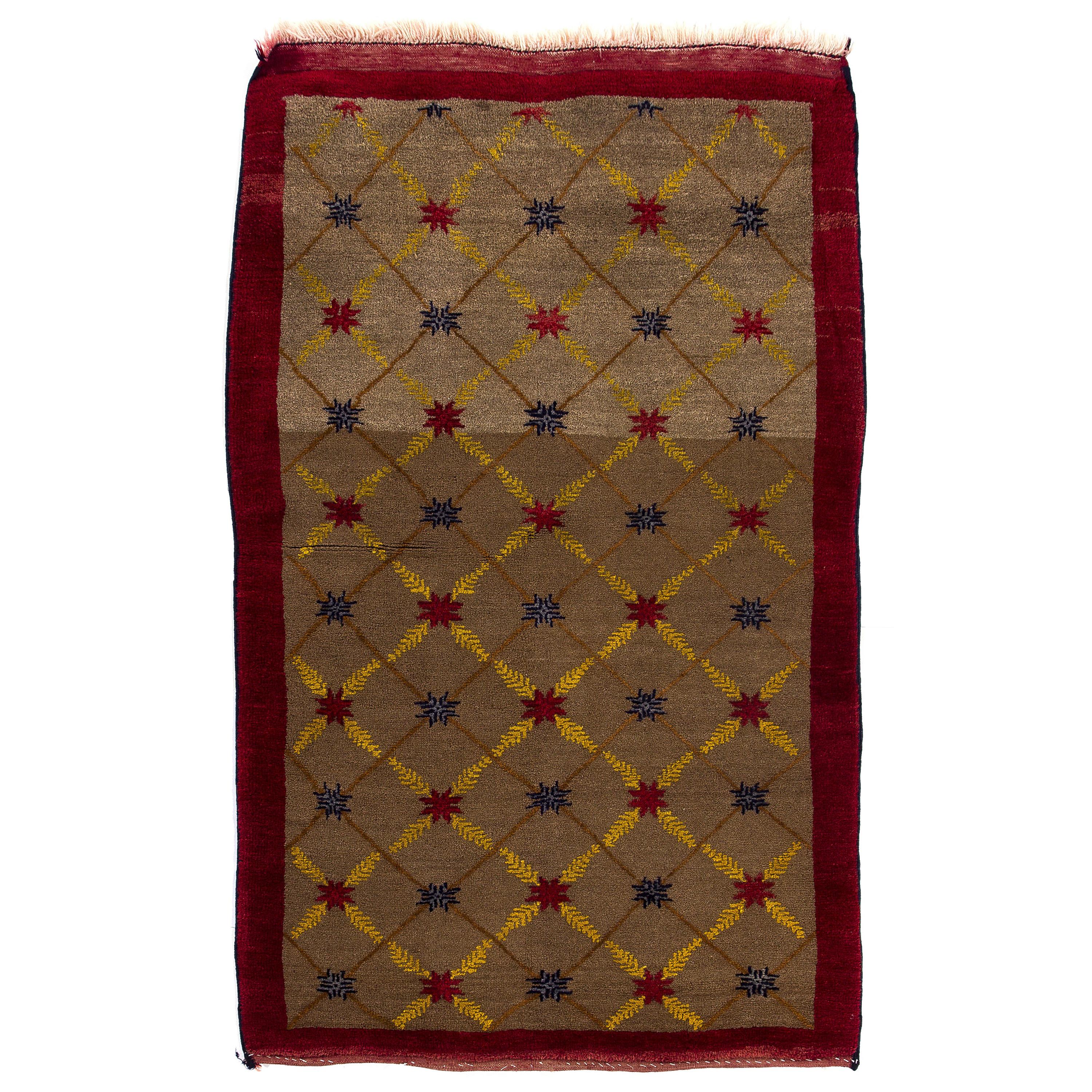 Fantastic Camel Wool Anatolian Karapinar Rug with Lattice Design For Sale