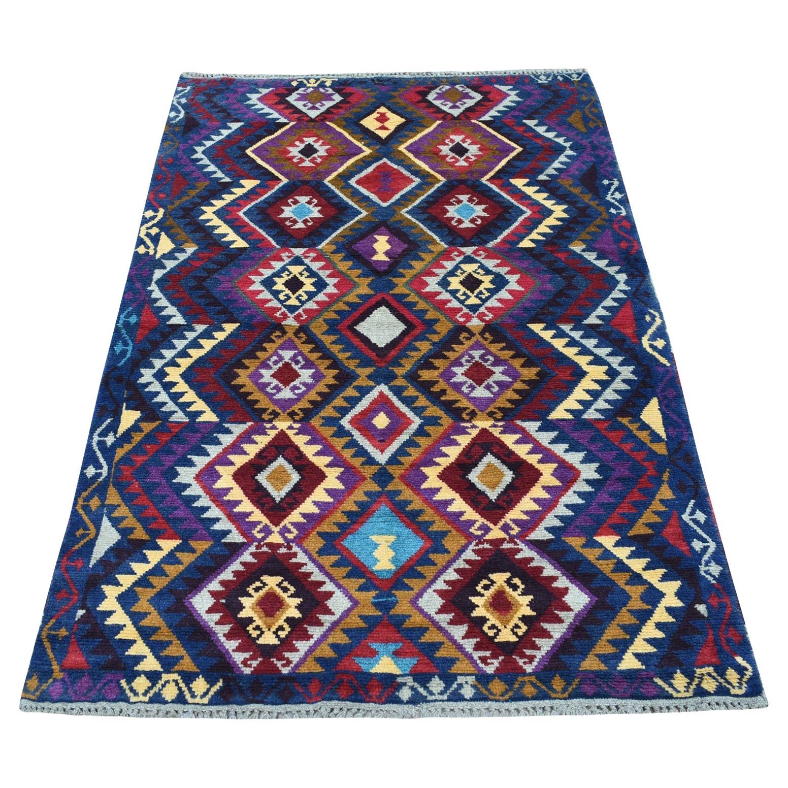 3'8 "x5'7" Blu Tribal Design Colorful Afghan Baluch Tappeto annodato a mano in pura lana