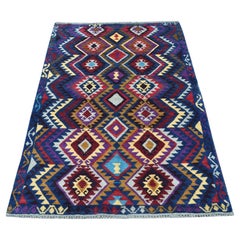 3'8 "x5'7" Blu Tribal Design Colorful Afghan Baluch Tappeto annodato a mano in pura lana