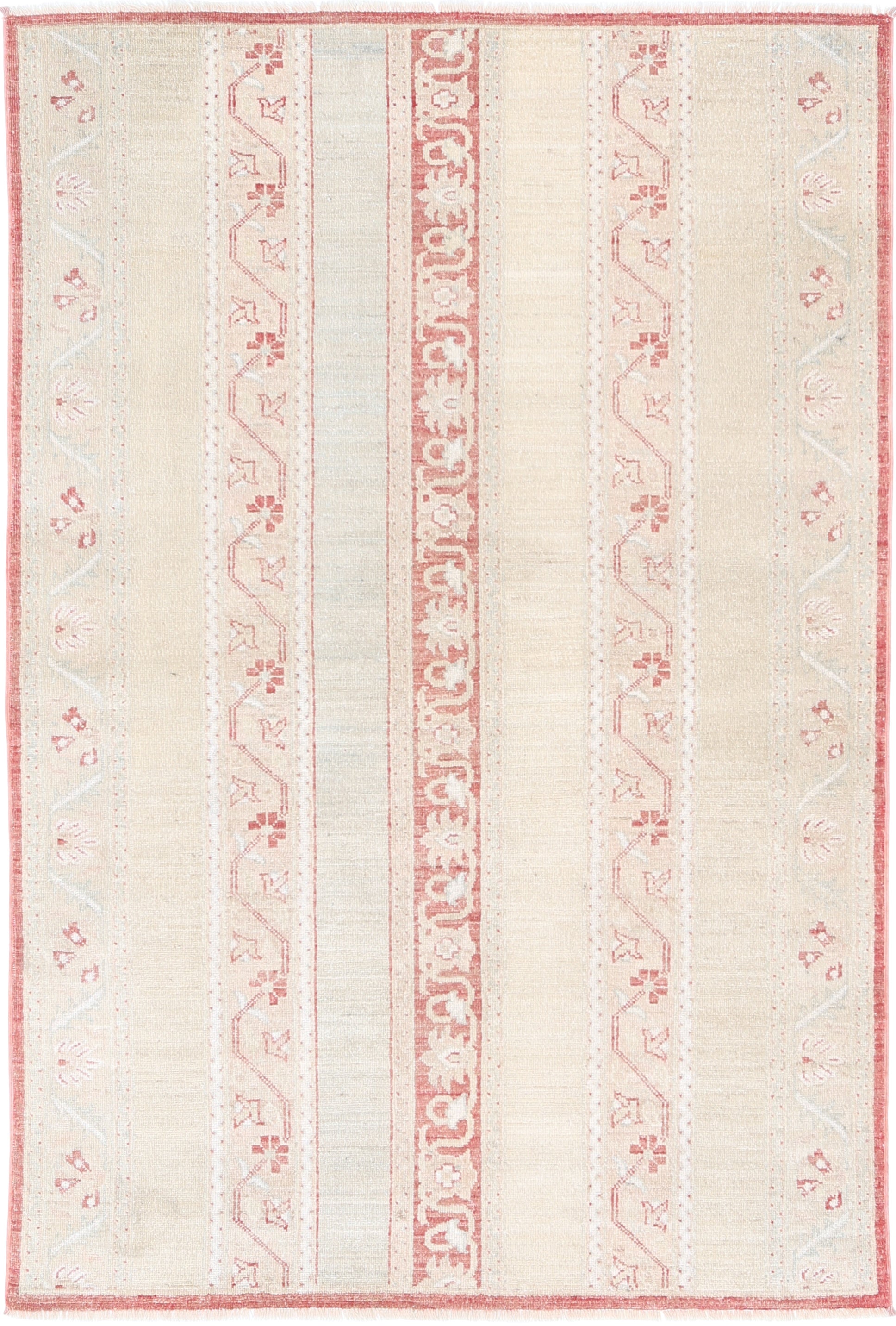 3.8x5.8 ft Hand Knotted Beige and Red Area Rug. Turkish Stripe Motif Accent Rug For Sale