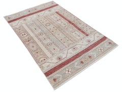 3.8x5.8 ft Hand Knotted Beige, Red Area Rug. Turkish Geometric Motif Accent Rug