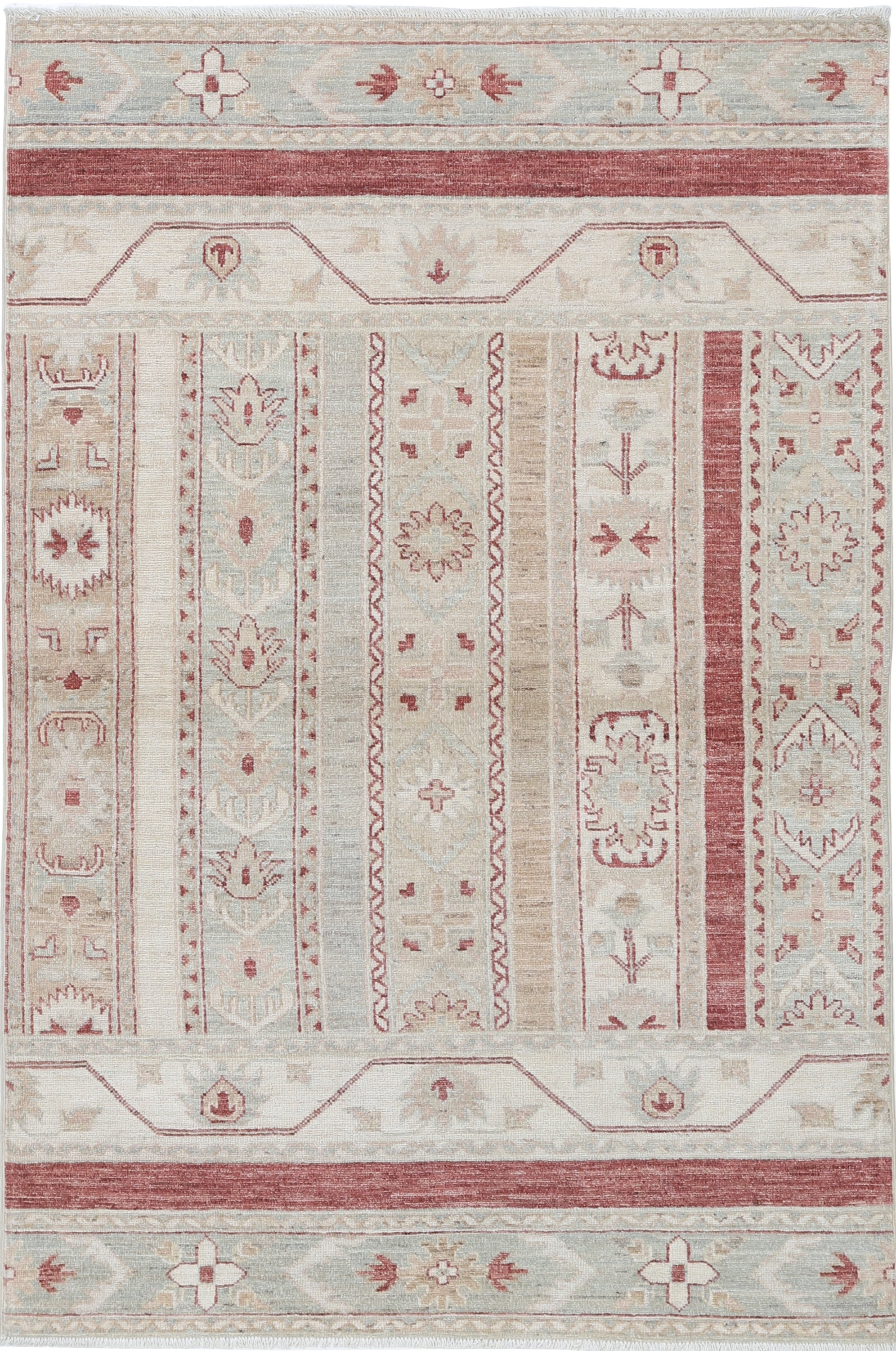 3.8x5.8 ft Hand Knotted Beige, Red Area Rug. Turkish Geometric Motif Accent Rug
