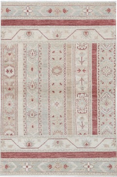 3.8x5.8 ft Hand Knotted Beige, Red Area Rug. Turkish Geometric Motif Accent Rug