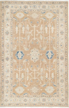 3.8x5.8 ft Hand Knotted Soft Red, Beige and Light Blue Floral Wool Area Rug