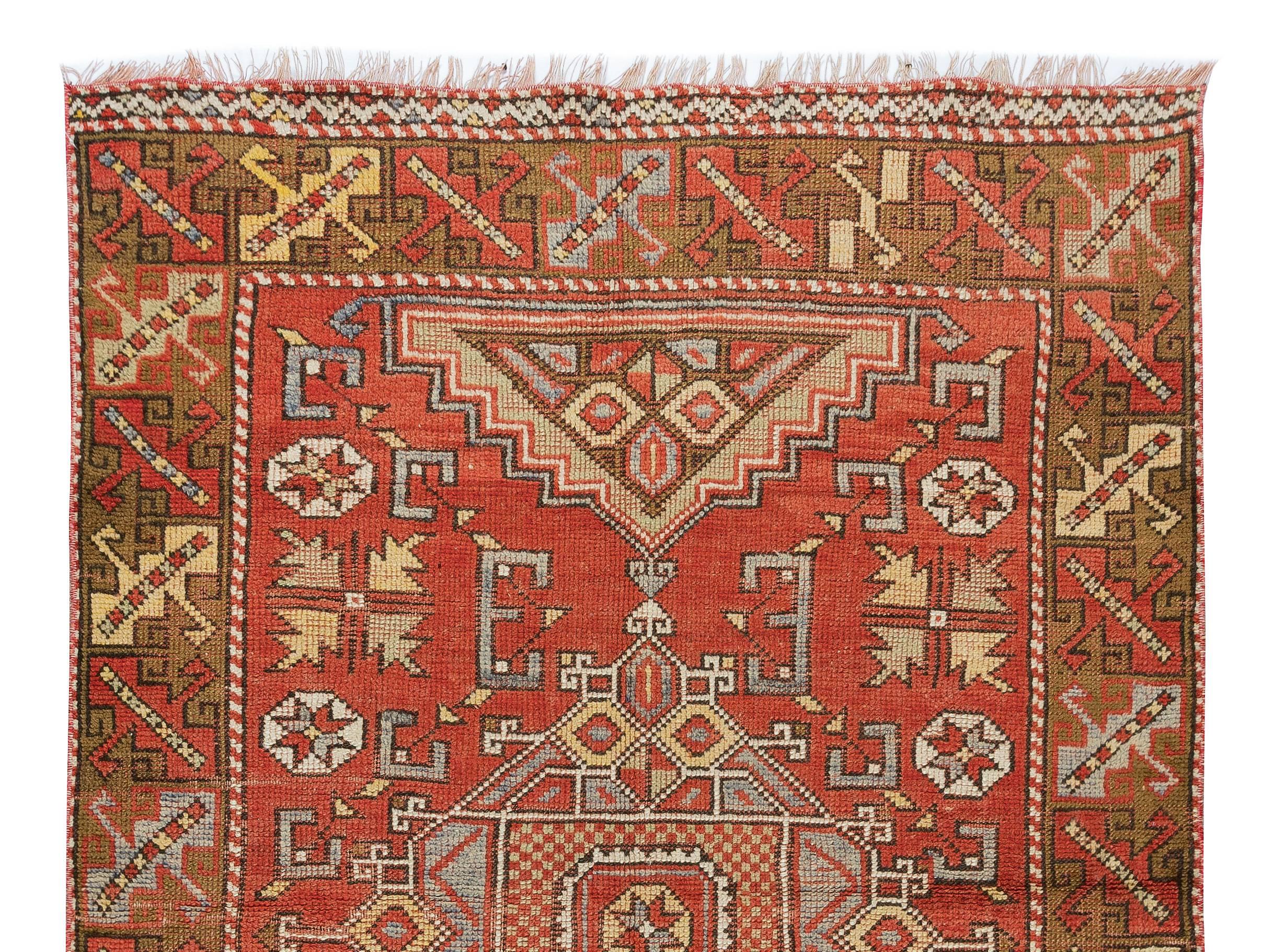 Wool 3.8x5.8 Ft Vintage Hand Knotted Geometric Turkish Traditional Accent Rug in Red For Sale