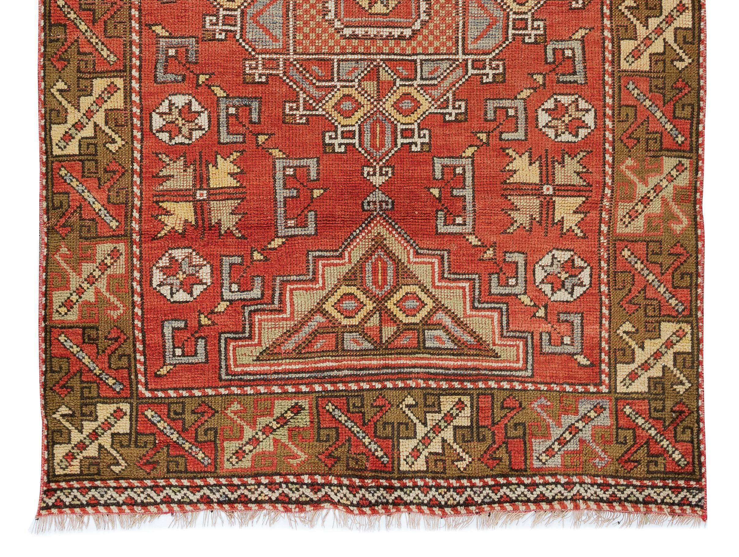3.8x5.8 Ft Vintage Hand Knotted Geometric Turkish Traditional Accent Rug in Red For Sale 1