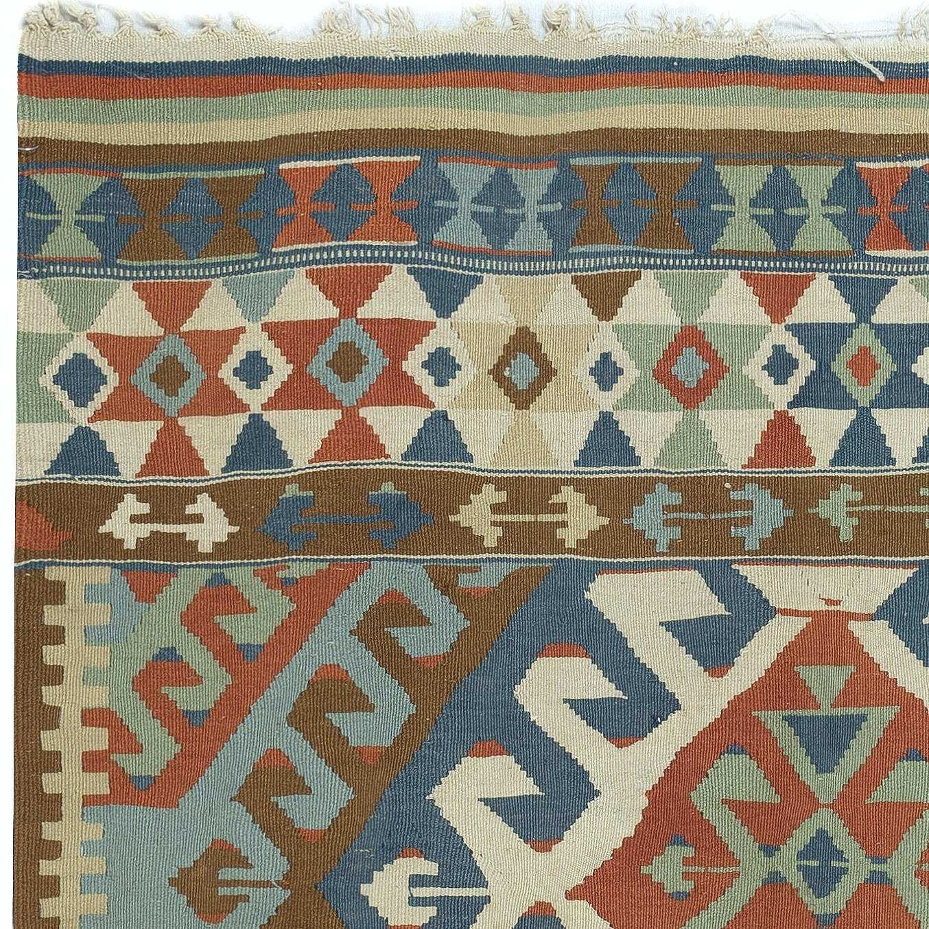Alfombra Kilim Turca Vintage Tejida a Mano con Motivos Geométricos 3,8x6 Pies Tejido a mano en venta