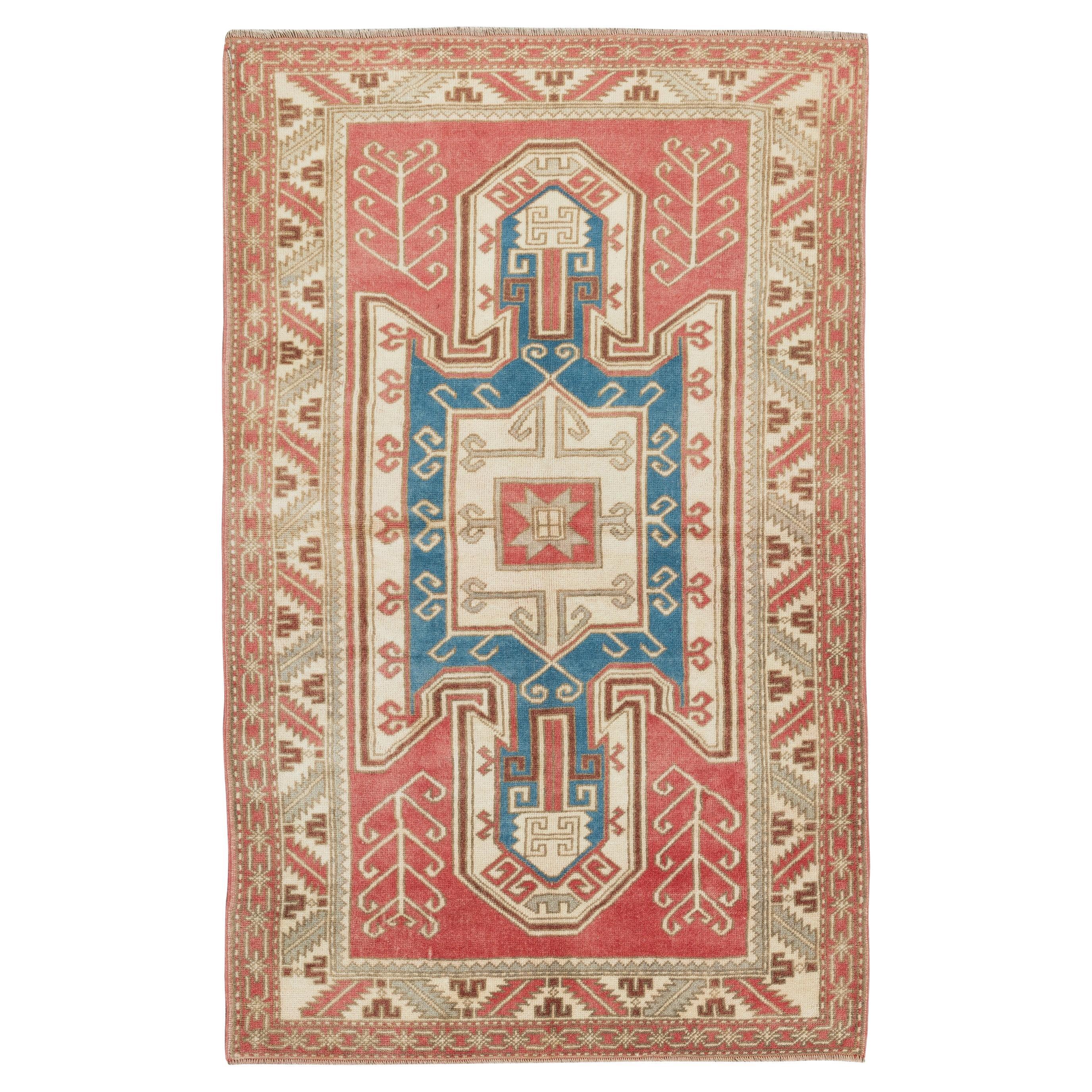 3.8x6 Ft Mid-Century Hand Knotted Geometric Turkish Wool Rug in Red, Blue & Beige