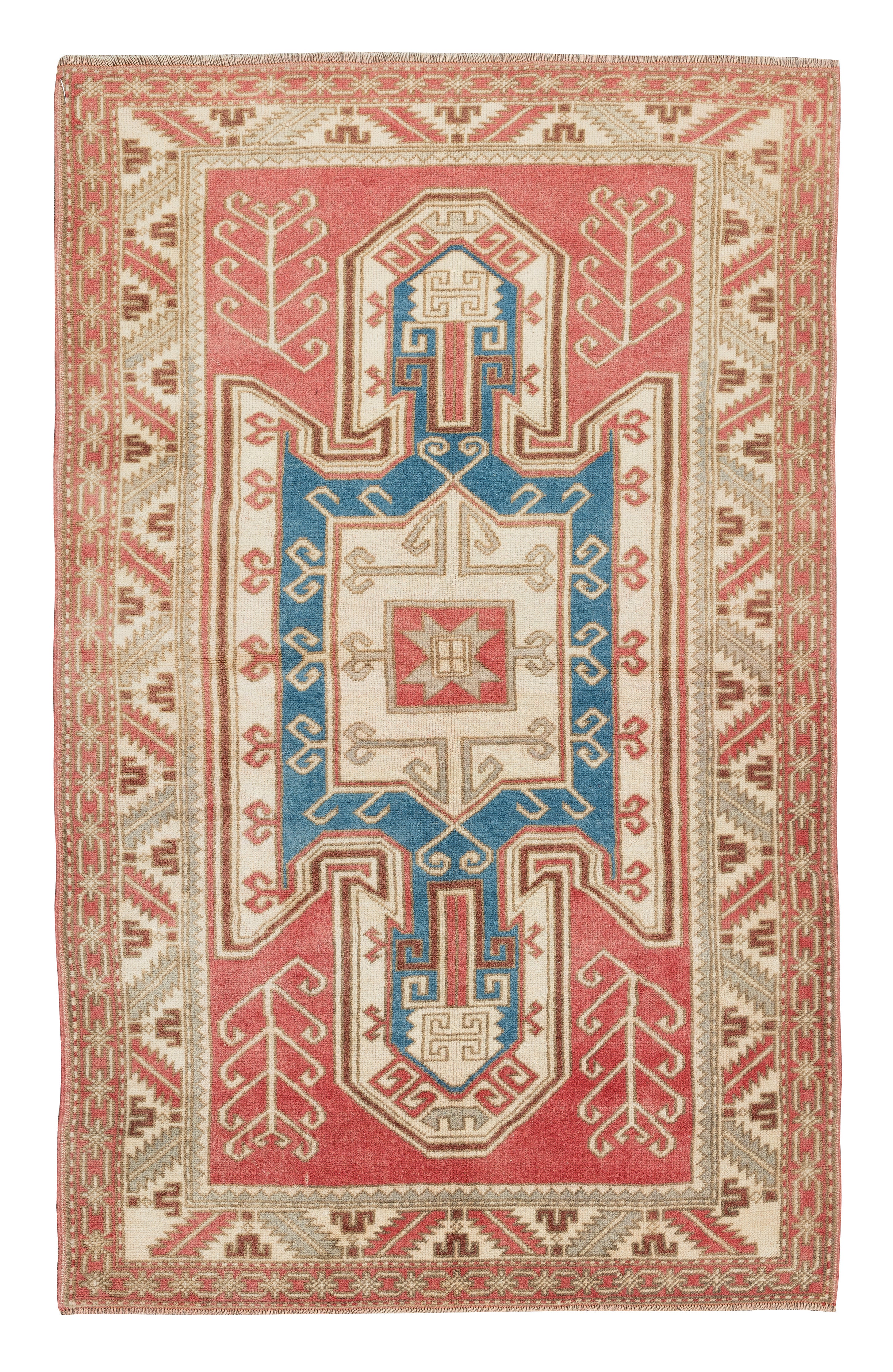 3.8x6 Ft Modern Handmade Geometric Turkish Accent Rug in Red, Blue and Beige For Sale