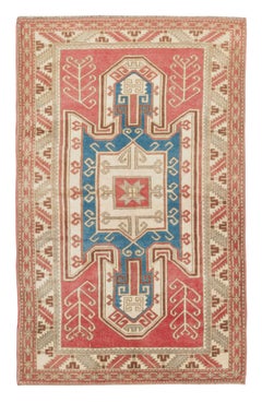 3.8x6 Ft Moderner handgefertigter geometrischer türkischer Akzent-Teppich in Rot, Blau und Beige in Rot