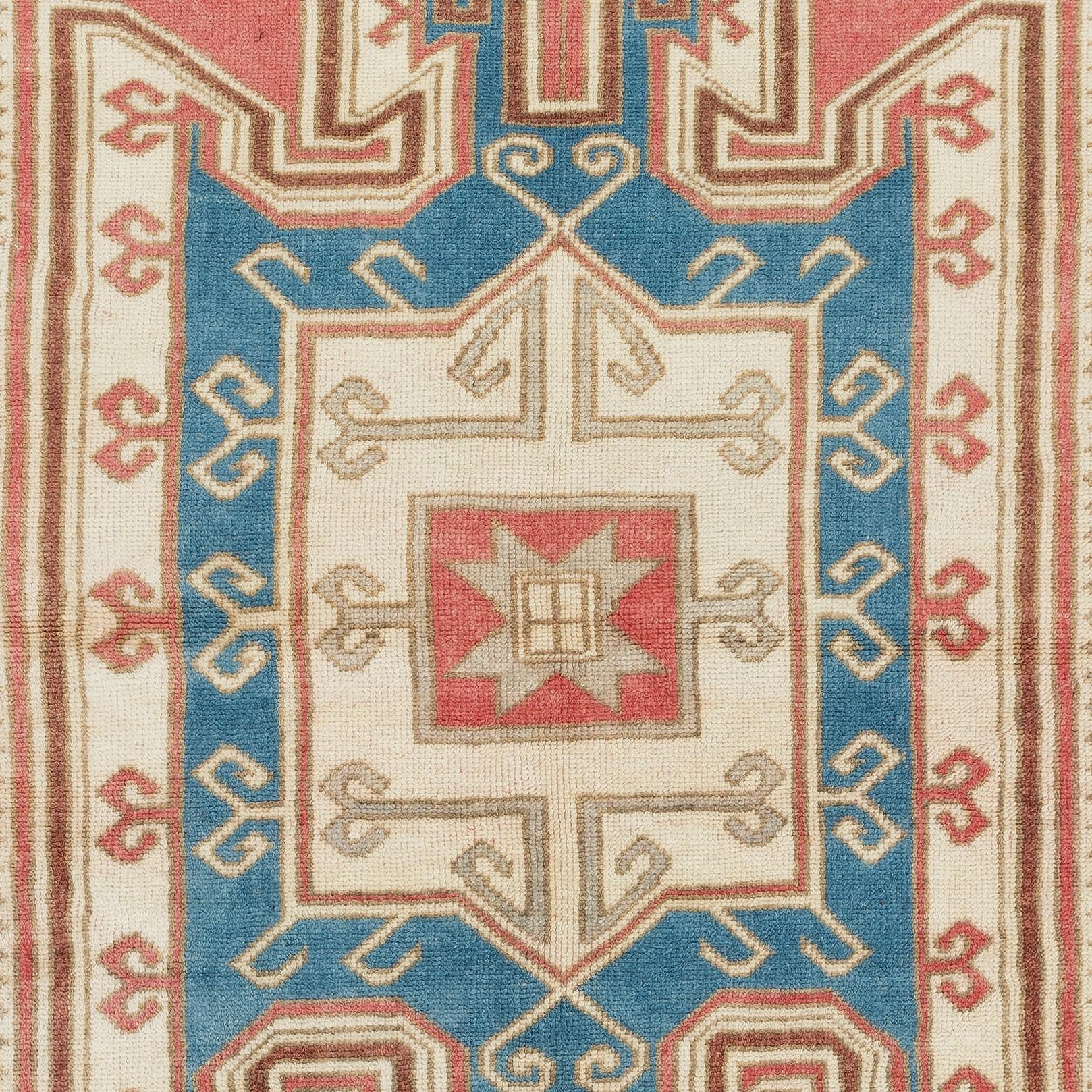 Hand-Knotted 3.8x6 Ft Vintage Handmade Geometric Turkish Accent Rug in Red, Blue and Beige For Sale