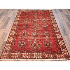 3'8 "x6' Alfombra Persa Roja Vintage Shiraz Anudada a Mano Esquilada Baja de Pura Lana