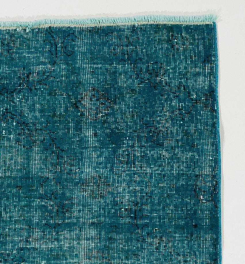 Hand-Knotted 3.8x6.2 ft Vintage Handmade Turkish Accent Rug in Teal Blue for Modern Interiors For Sale