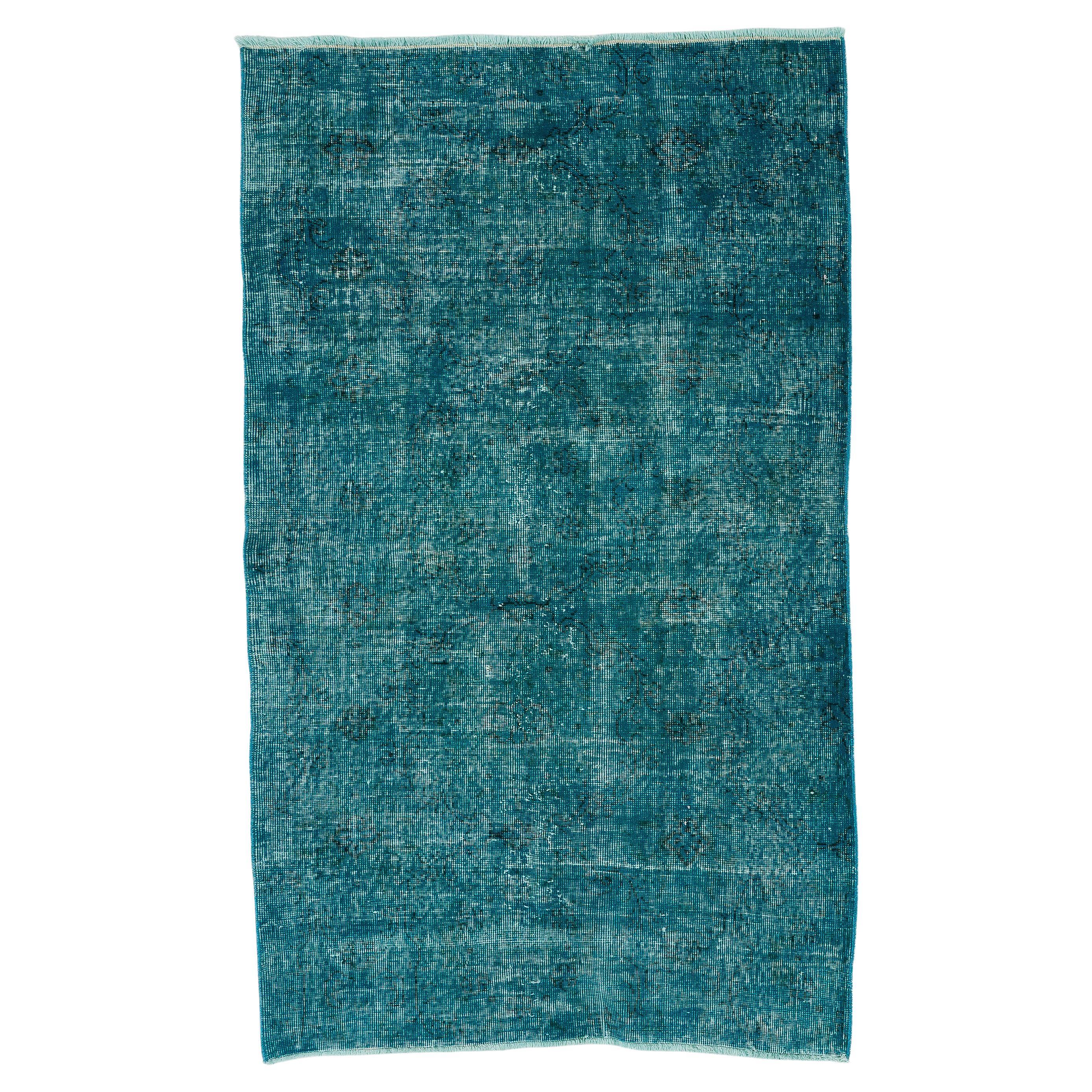 3.8x6.2 ft Vintage Handmade Turkish Accent Rug in Teal Blue for Modern Interiors For Sale