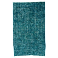 3.8x6.2 ft Retro Handmade Turkish Accent Rug in Teal Blue for Modern Interiors