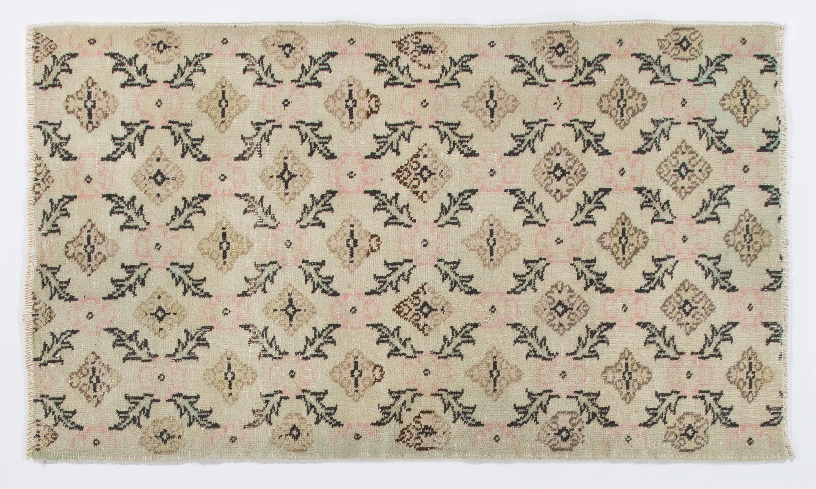 Hand-Knotted 3.8x6.4 Ft Vintage Floral Handmade Rug in Beige, Brown, Black, Green and Pink For Sale