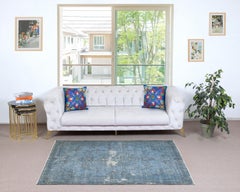 3.8x6.5 Ft Vintage Turkish Rug Overdyed in Blue color for Modern Interiors