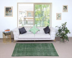 3.8x6.6 Ft Green Overdyed Handmade Rug. Vintage Turkish Area Rug for Living Room