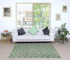 3.8x6.6 Ft One of a kind Vintage Handmade Turkish Accent Rug in Green Color