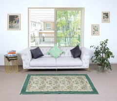 3.8x6.6 Ft Vintage Handmade Turkish Rug with Floral Design & Solid Green Border