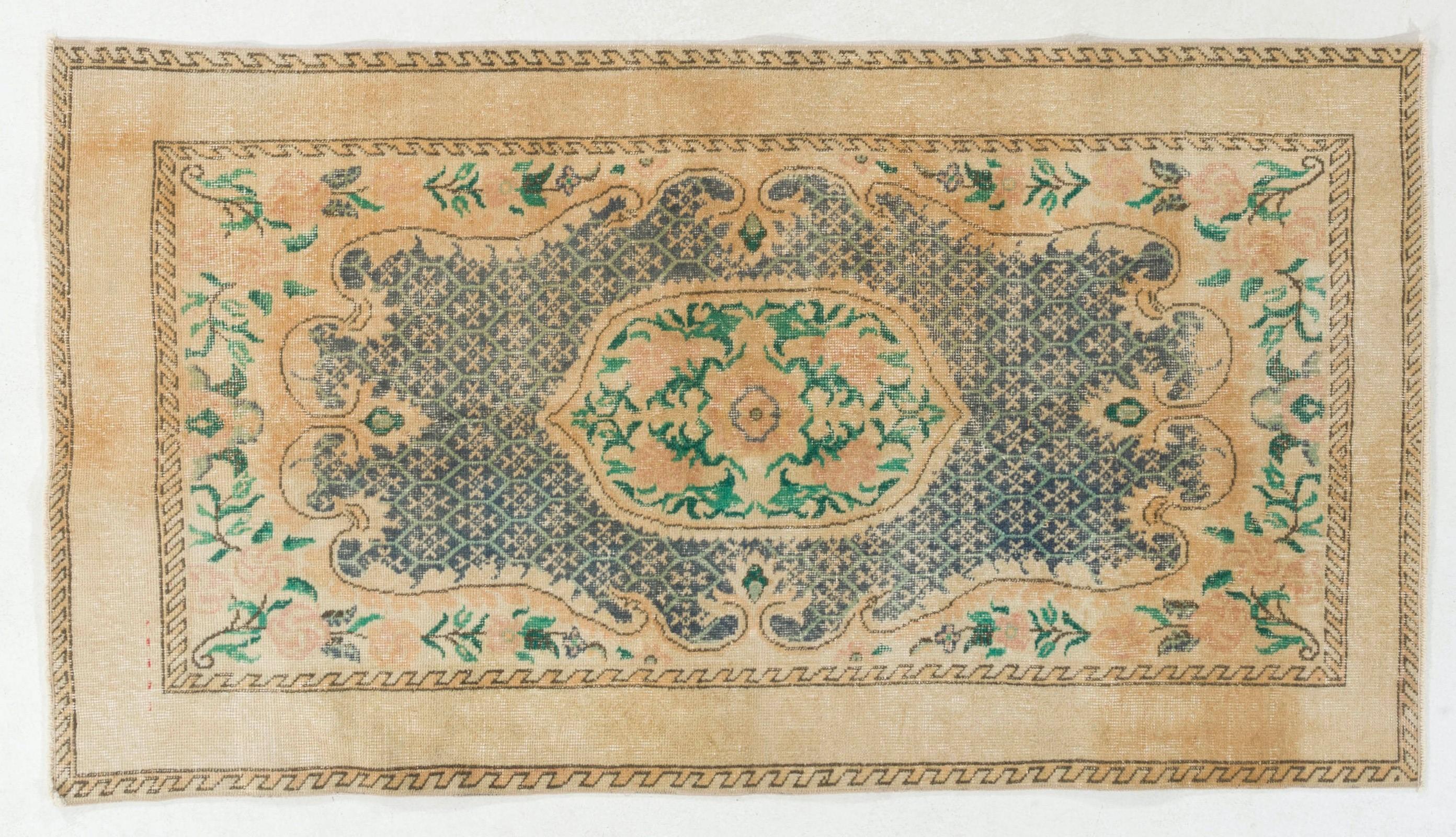 Hand-Knotted 3.8x6.7 ft Hand Knotted Vintage Anatolian Wool Accent Rug with Floral Design For Sale