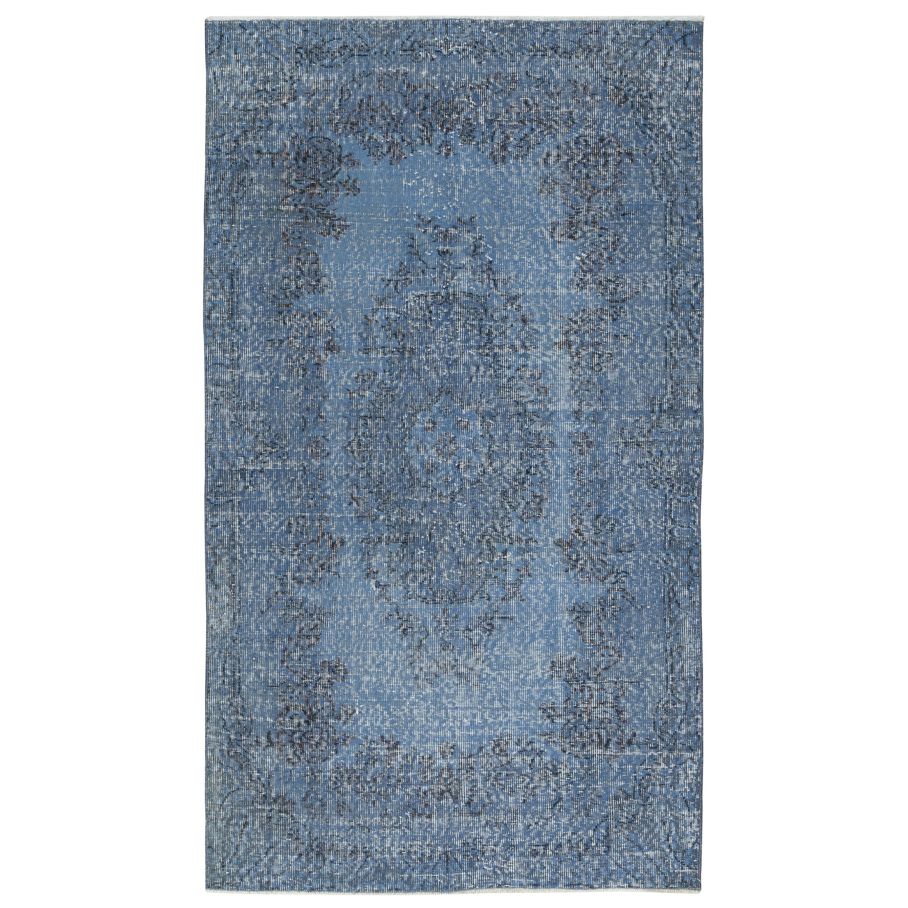 3.8x6.7 Ft Overdyed Blauer Teppich. Handgefertigter türkischer Vintage-Teppich für das Wohnzimmer