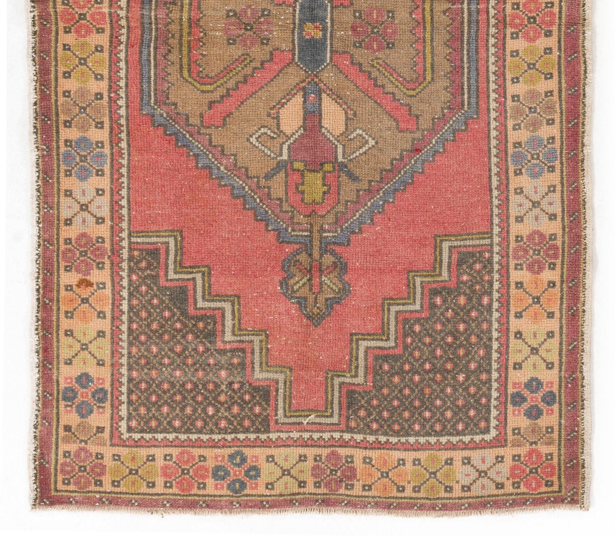 Tribal 3.8x6.7 Ft Vintage Handmade Turkish Accent Rug, Authentic 1950s Floor Covering For Sale