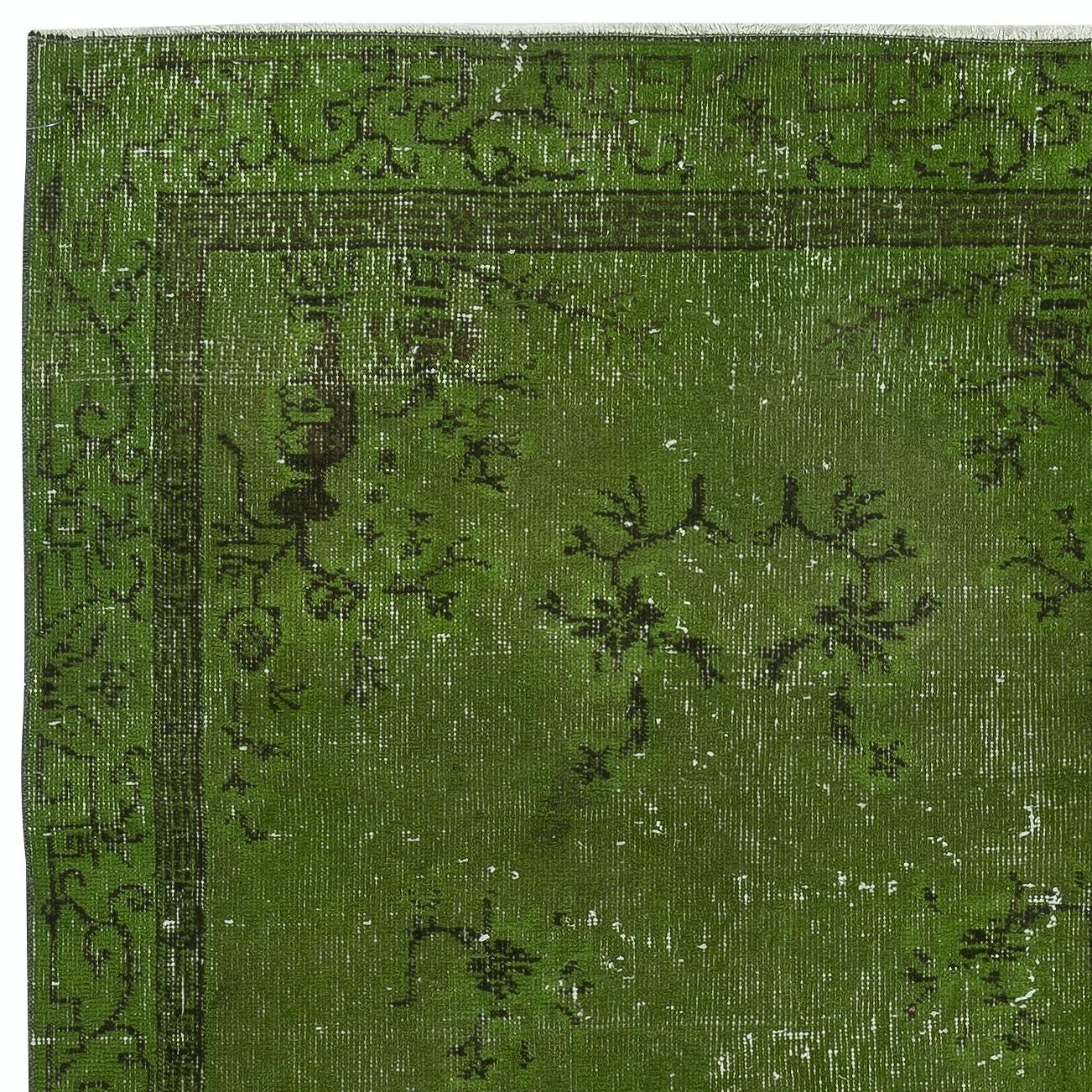 Hand-Knotted 3.8x6.8 Ft Art Deco Chinese Inspired Handmade Turkish Accent Rug in Green Color For Sale