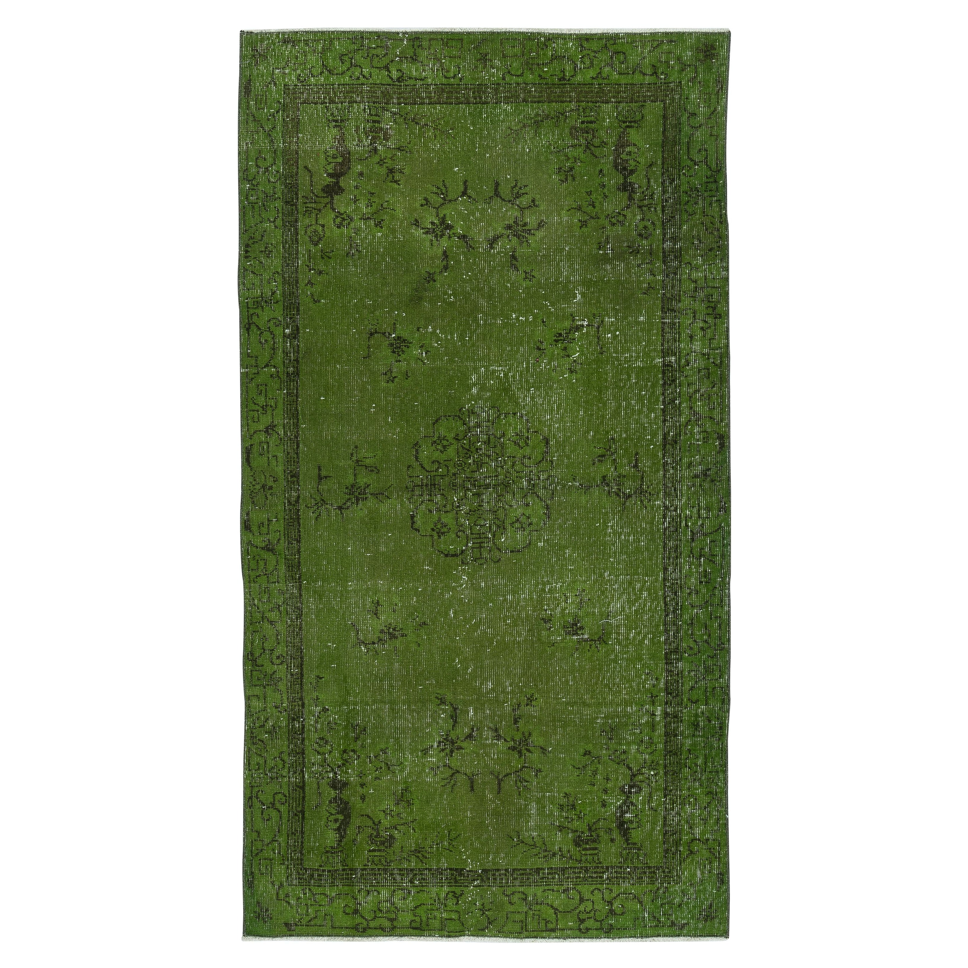 Tappeto d'accento turco fatto a mano di ispirazione cinese Art Deco 3.8x6.8 Ft in colore verde