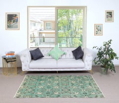 3.8x6.8 Ft Green Color Handmade Turkish Accent Rug with Flower Design