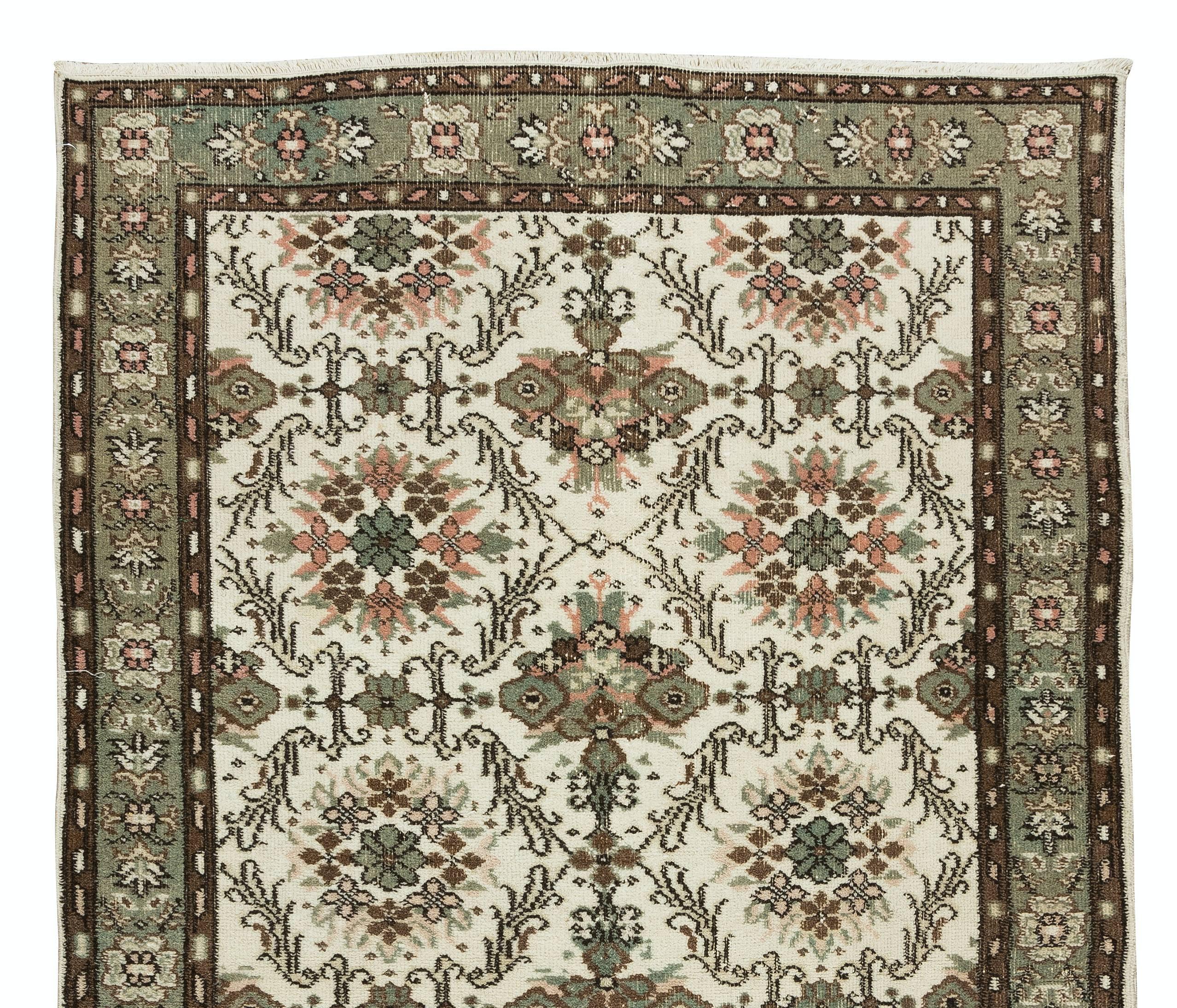 Turc 3.8x6.8 Ft Tapis turc en laine nou  la main, motif floral, revtement de sol vintage en vente