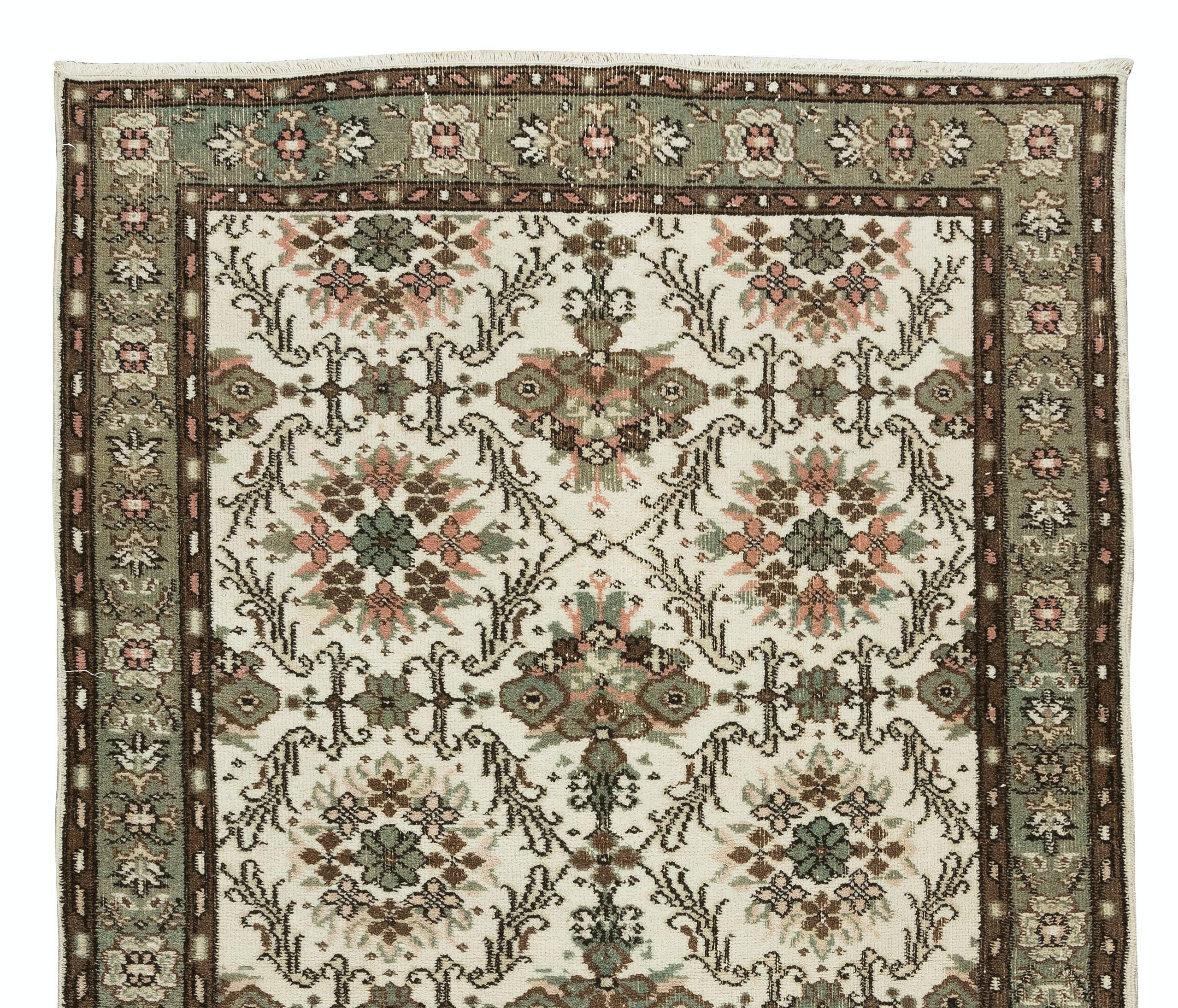 Hand-Knotted 3.8x6.8 Ft Hand Knotted Turkish Wool Rug, Floral Pattern Vintage Floor Covering For Sale