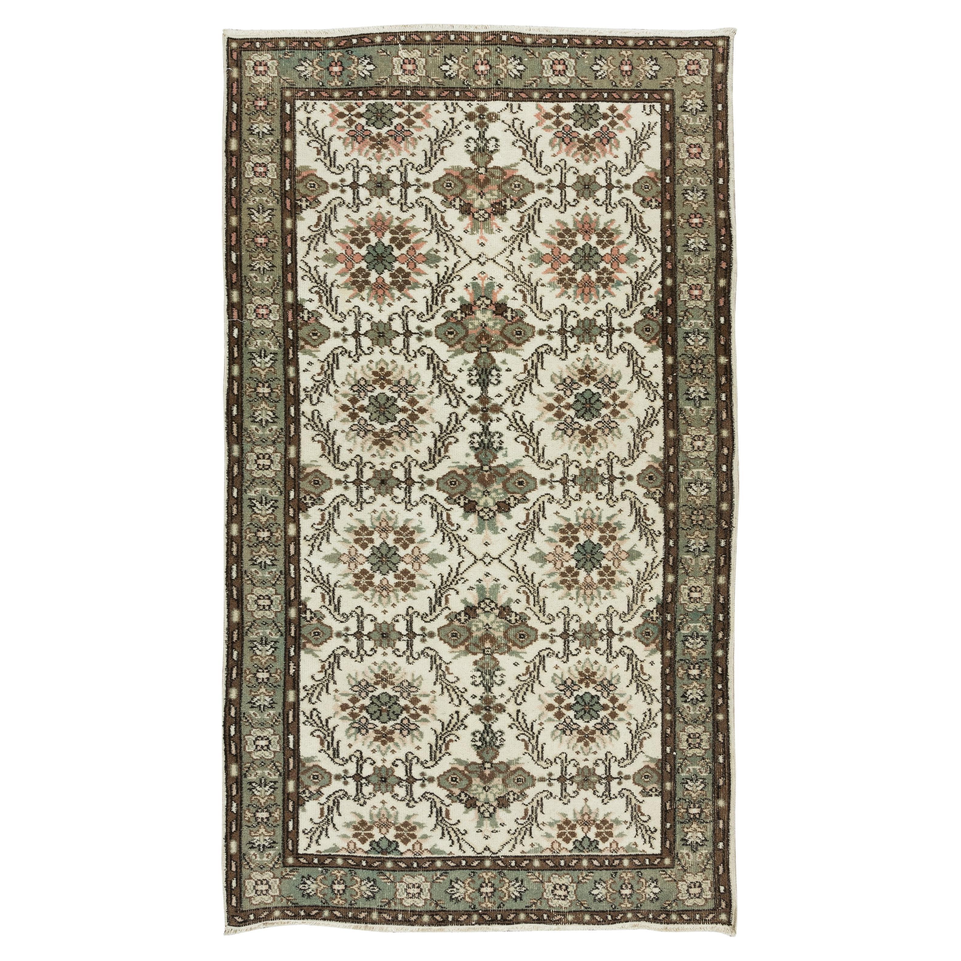 3.8x6.8 Ft Hand Knotted Turkish Wool Rug, Floral Pattern Vintage Floor Covering For Sale