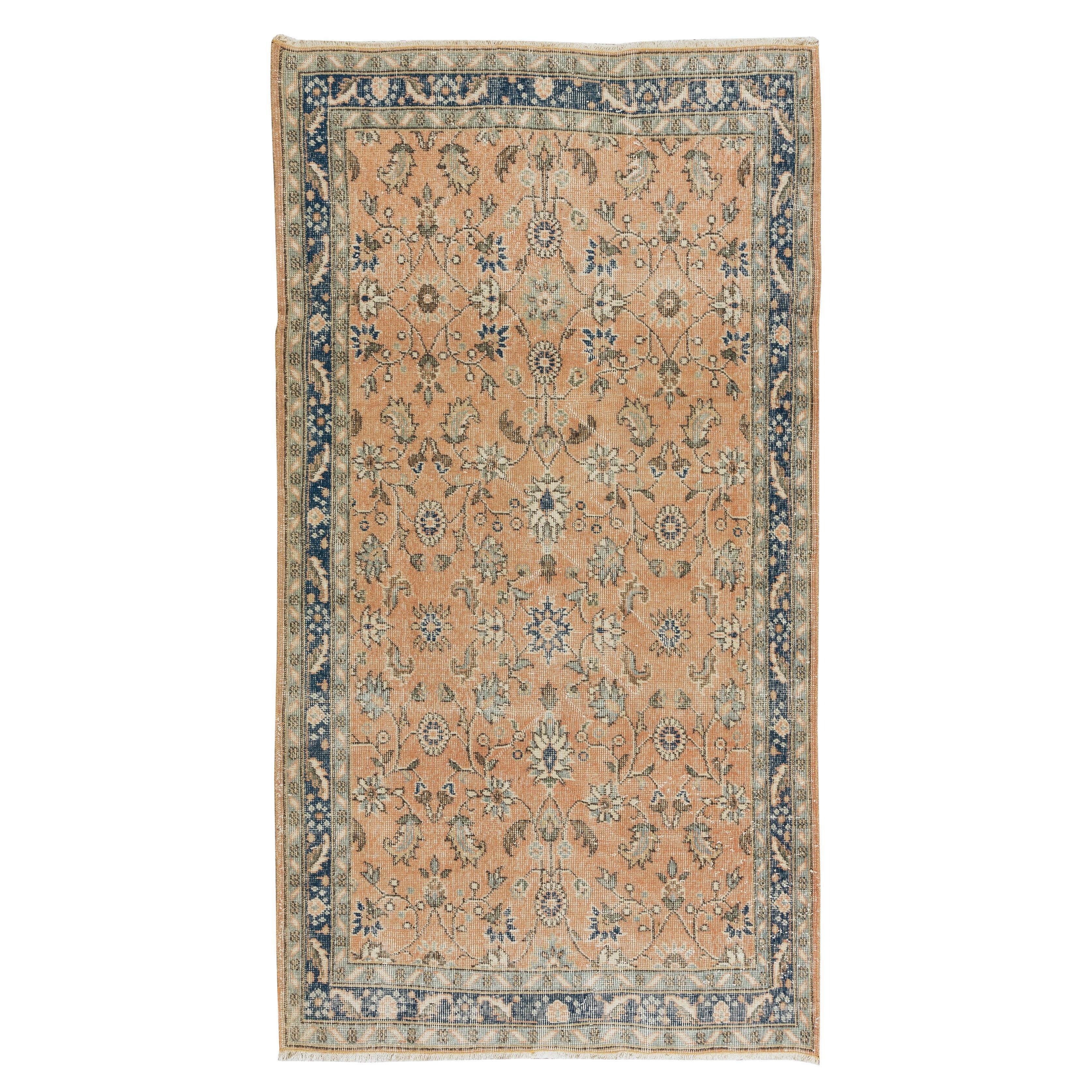 3,8x6,8 Ft Handgefertigter türkischer Teppich mit Blumenmuster, authentischer Vintage-Wollteppich