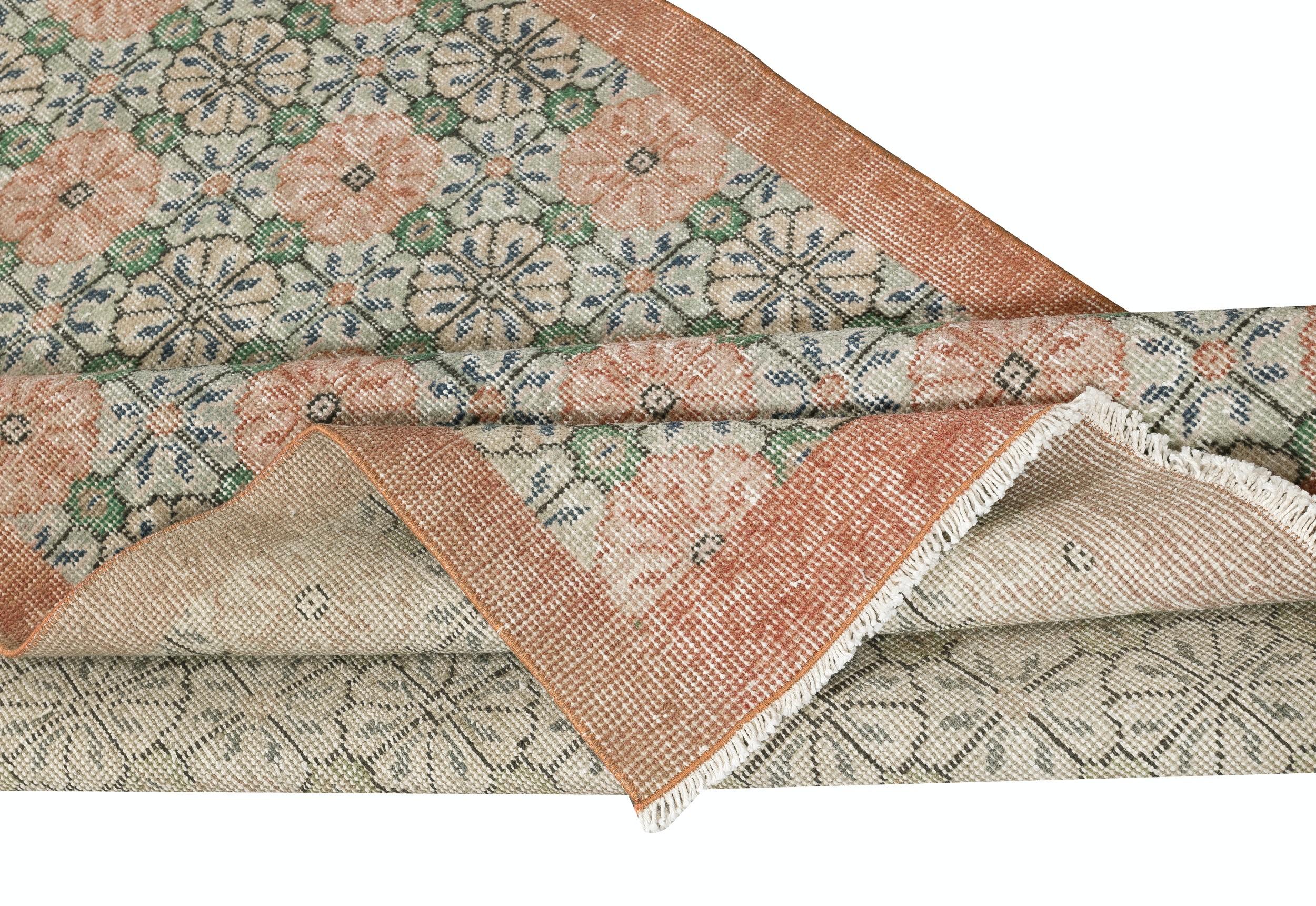 Rustic 3.8x6.8 Ft Vintage HandMade Green Area Rug with Floral Design & Solid Red Border For Sale