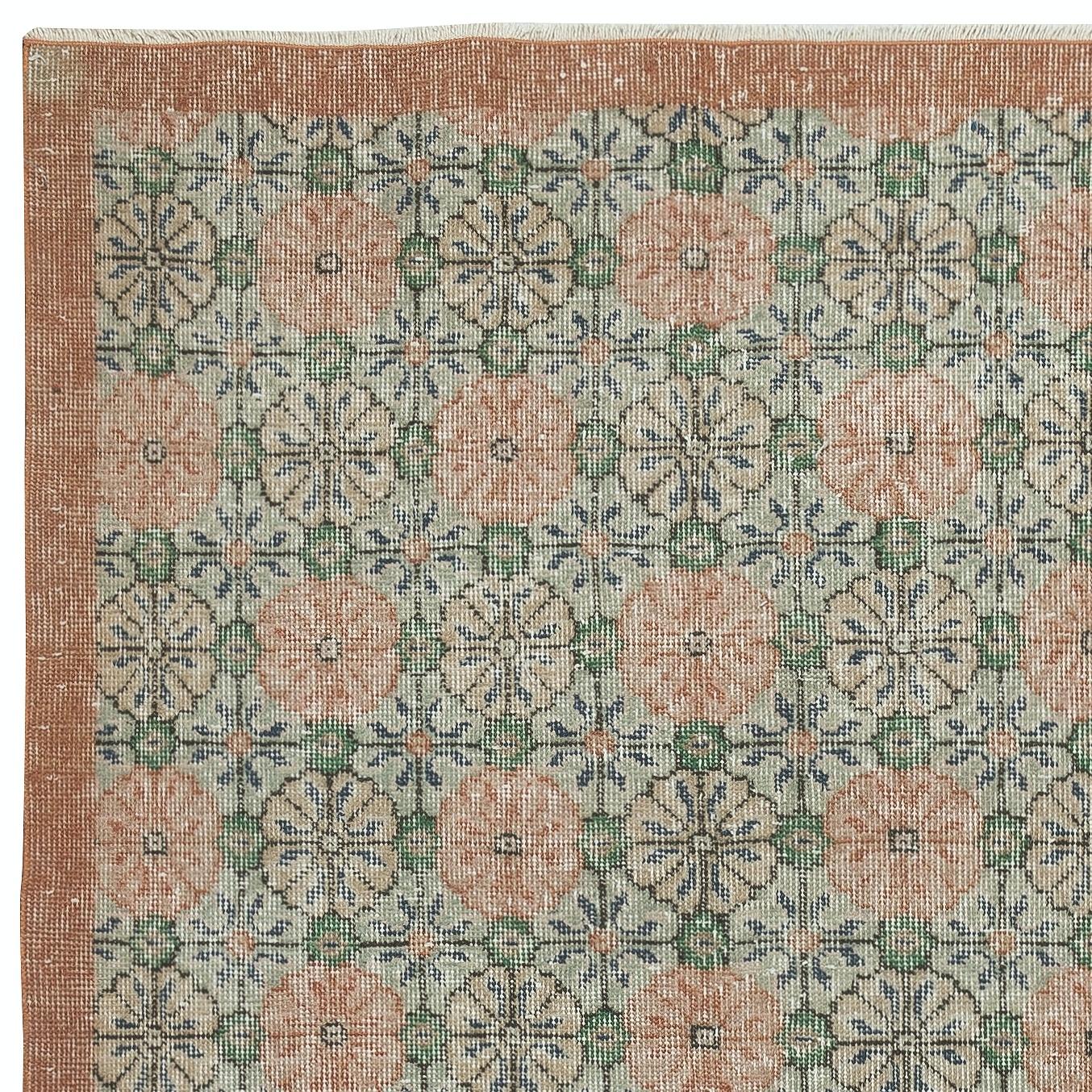 Turkish 3.8x6.8 Ft Vintage HandMade Green Area Rug with Floral Design & Solid Red Border For Sale