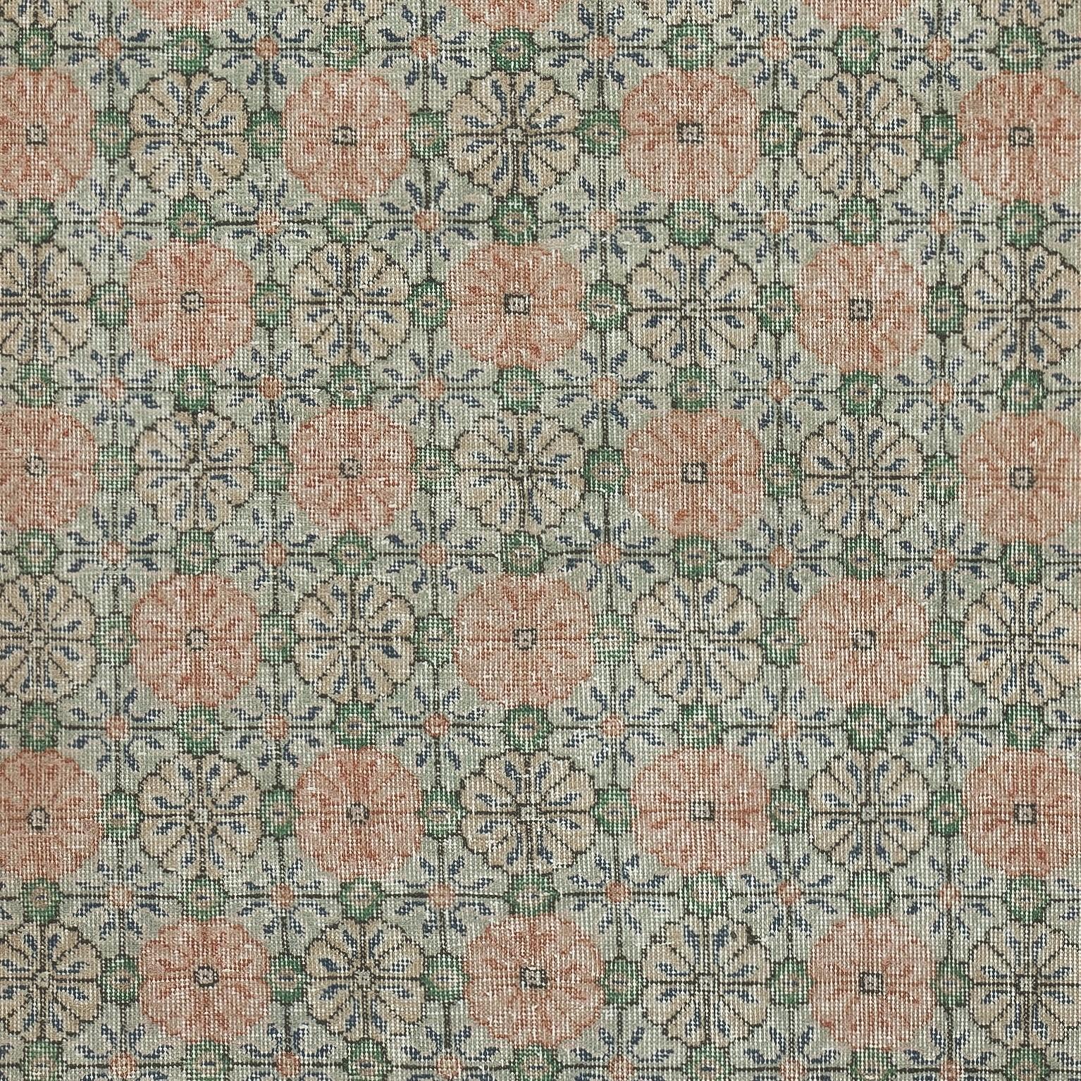 Hand-Knotted 3.8x6.8 Ft Vintage HandMade Green Area Rug with Floral Design & Solid Red Border For Sale