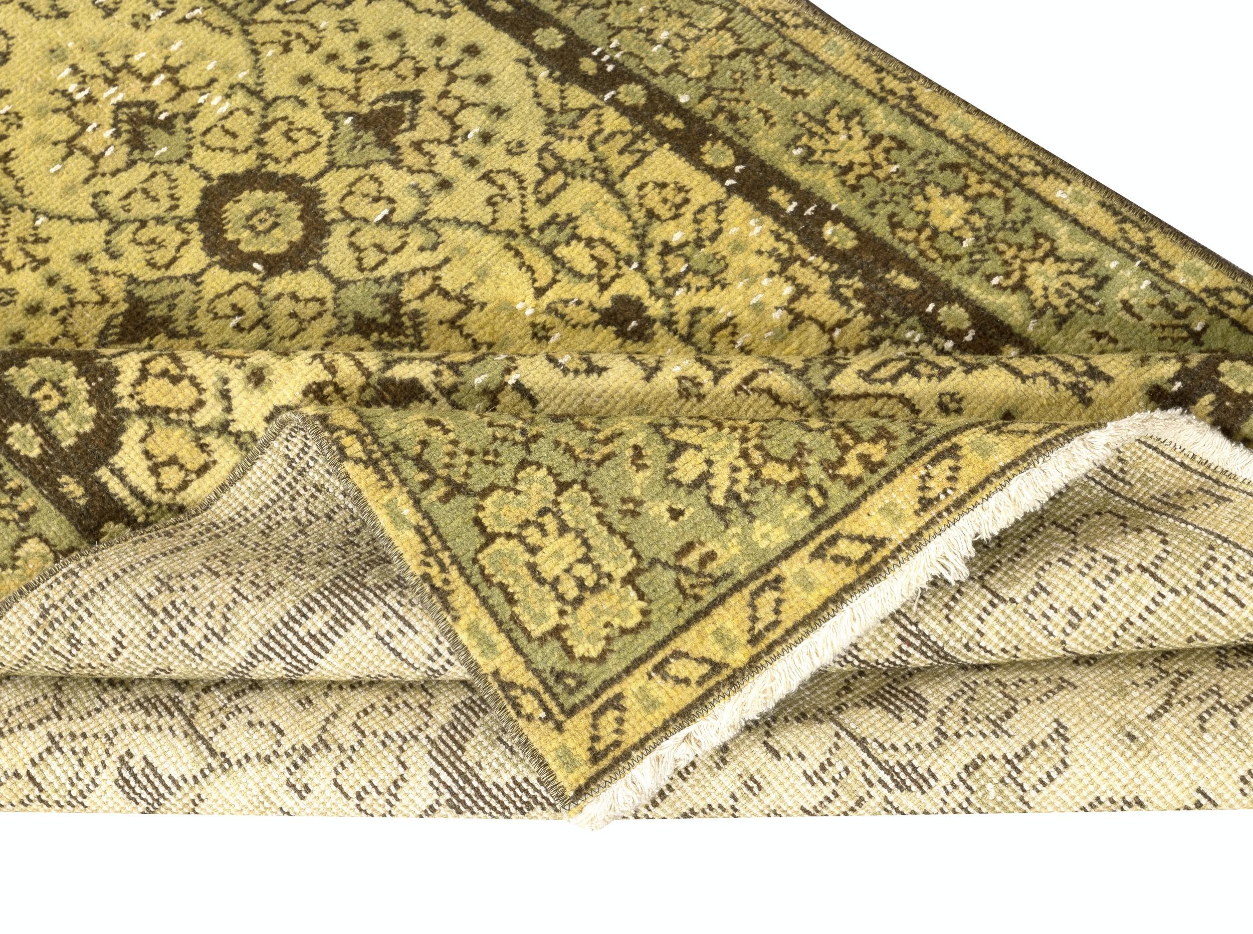 Hand-Knotted 3.8x6.8 Ft Vintage Handmade Turkish Area Rug dyed in Yellow 4 Modern Interiors For Sale