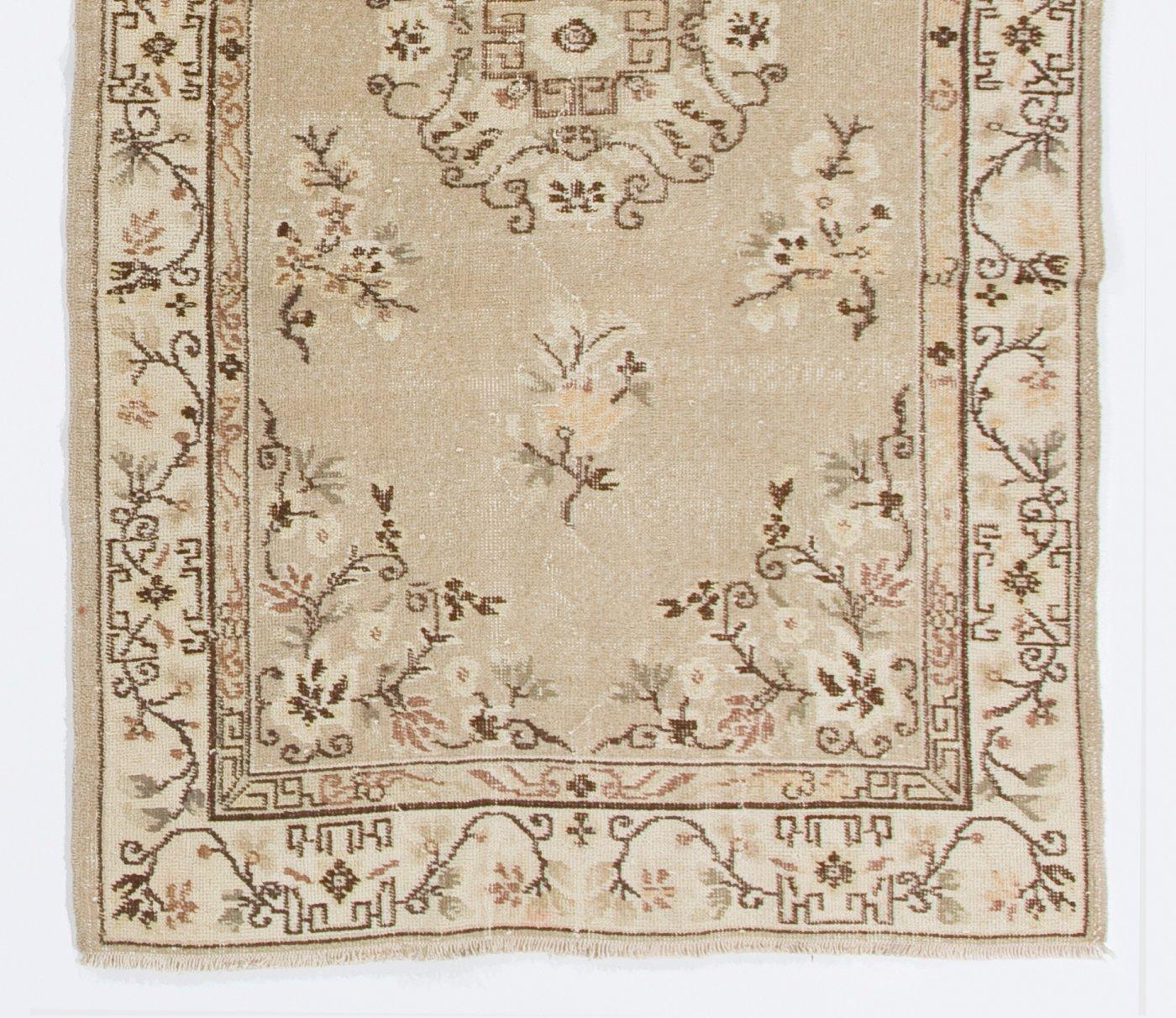 Hand-Knotted 4x7 ft Art Deco Chinese Inspired Vintage Handmade Turkish Wool Rug in Oatmeal For Sale